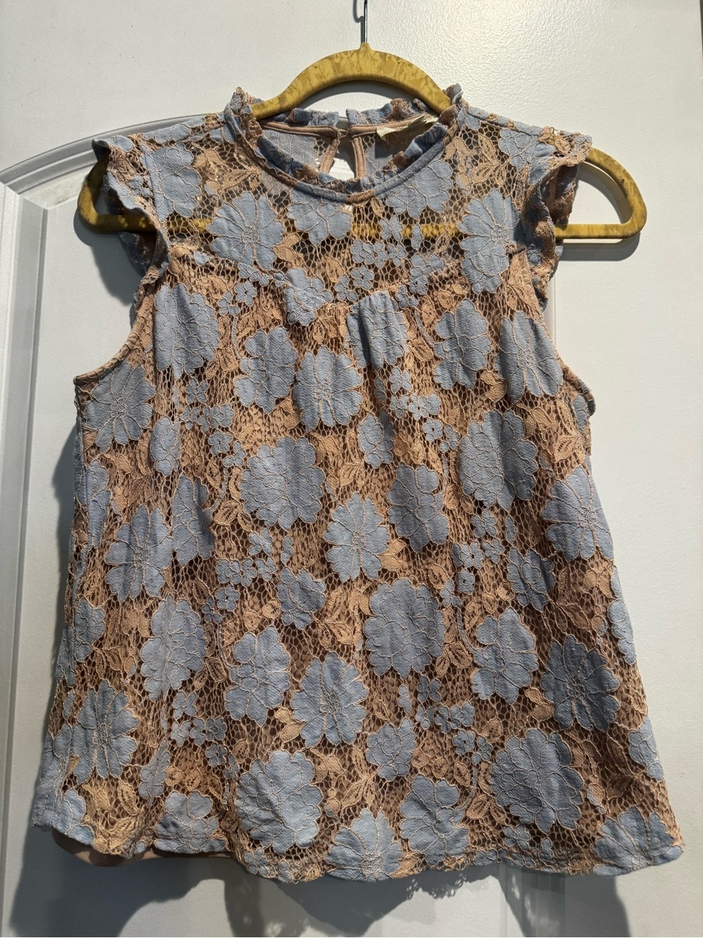 Monteau Floral Lace Blouse Women’s Large Blue Tan Ruffle Top